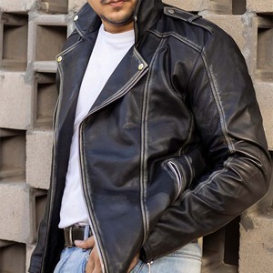 <b>Men's</b> Genuine <b>Leather</b> Moto <b>Jacket</b> with Zipper Closure Stand Collar Vintage Style Embroidered Canvas Autumn Regular Fit - Product Image 5