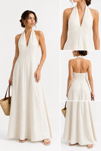 Robe longue élégante pour femme, style bohème, 100 % coton, col halter, col en V, sans manches, unie, coupe trapèze, confortable pour les vacances - Product Image 2