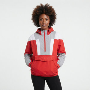 Chaqueta Cortavientos con Capucha Roja y Gris para Mujer, de la Hermandad Cosh International, con Bloques de Color, Casual, de Manga Larga y Cierre Frontal - Product Image 1