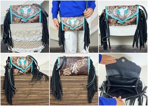 Sac à main artisanal en cuir véritable, style western, décoré de fleurs, en cuir de vache véritable, mini sac à bandoulière avec franges pour femmes, vente en gros - Product Image 3