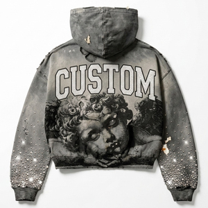 Sweat à capuche zippé streetwear entièrement personnalisé, finition délavée vintage, imprimé graphique, orné de strass, effet vieilli, en coton épais, unisexe - Product Image 2