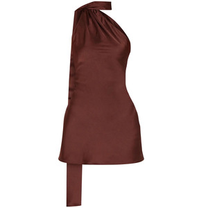 Wholesale Brown Satin Halter Neck Asymmetric Mini <b>Dress</b> Sleeveless Bodycon Fitted Backless Party Wear Summer Neck Tie Mini <b>Dress</b> - Product Image 5