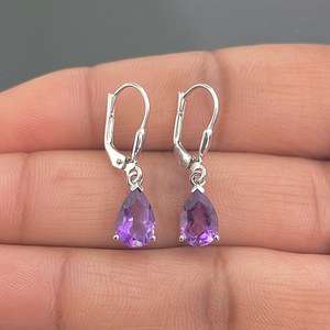 Amethyst Drop <b>Earrings</b> 925 Sterling Silver Platinum Plated Pear Cut Healing Gemstone Third Party Certified Dainty Gift for Her - Product Image 5