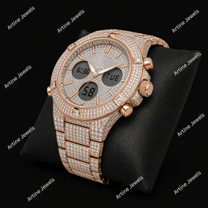 Montre de luxe à cadran scintillant, style chronographe numérique, avec pierres en cristal or rose, montre tendance - Product Image 3