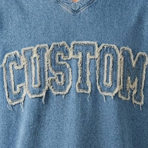 T-shirt surdimensionné à col en V pour hommes, vintage, bleu, en coton chenille, avec lettres, style streetwear, vêtements streetwear surdimensionnés - Product Image 6