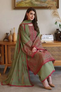 ชุดสัลวาร์ คามีซ ผ้าฝ้ายสีเขียวแบบดั้งเดิมสำหรับผู้หญิง ทรงหลวมยาวคลุมเท้า สไตล์ชาติพันธุ์ อินเดีย ปากีสถาน สไตล์ลำลอง - Product Image 2