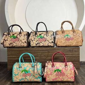 Bolsos de Viaje de Gran Capacidad de Cuero Genuino Turquesa con Diseño Floral a Cuadros y Cerezas, Bolsos de Fin de Semana Rápidos - Product Image 2