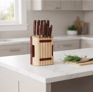Support de couteaux en bois pour comptoir, organisateur de rangement de cuisine avec design bicolore, présentoir et support pour ustensiles - Product Image 3