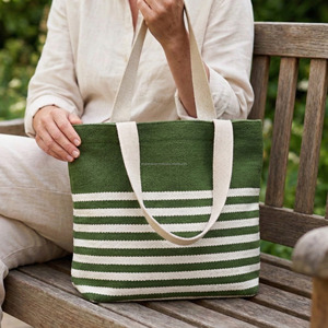 กระเป๋าผ้าทอลายทางสำหรับผู้หญิงสุดหรูกระเป๋าผ้าคอตตอน100% สายรัดคู่แข็งแรงกระเป๋าทอแบบลำลอง - Product Image 2