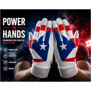 Guantes de bateo de cuero PU blancos, rojos y azules con diseño de la bandera de Puerto Rico, guantes de entrenamiento de béisbol a la moda para adultos. - Product Image 4