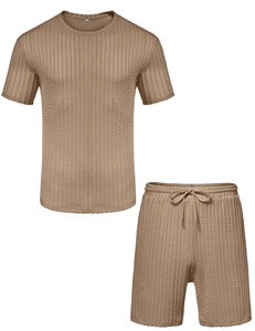 Wholesale Saleh Enterprises Men's Summer Casual <b>Cord</b> Set T-Shirt Shorts Quick Dry Solid Pattern Breathable Cotton Matching - Product Image 2