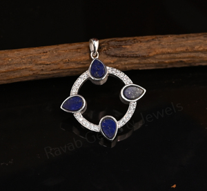 Pendentif unisexe en argent 925 plaqué rhodium, forme poire 4x6mm, serti clos, avec lapis-lazuli et motif floral, pavé, cadeau idéal, best-seller - Product Image 4
