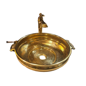 Lavabo rond en laiton plaqué or, finition martelée à la main, style rustique, pour salle de bain, montage monotrou sur plan - Product Image 1