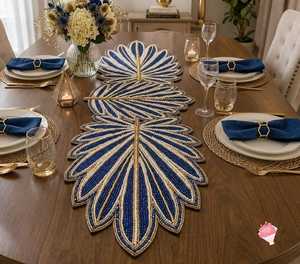Handmade Beaded Leaf <b>Table</b> <b>Runner</b> 13x36, Blue Floral <b>Table</b> Decoration, Luxury Decorative <b>Table</b> <b>Runner</b>, Dining <b>Table</b> <b>Runner</b>, - Product Image 1