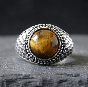 <b>Solid</b> 925 Sterling <b>Silver</b> 12mm Round Shape Tiger Eye Gemstone Snake Skin Texture Signet Men's Ring Bezel Setting Gift For Him - Product Image 1