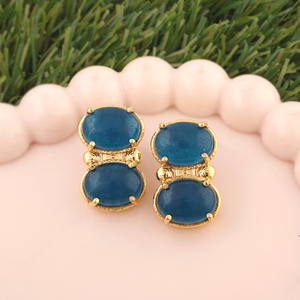 Boucles d'oreilles à double pierre en apatite et jade, fabriquées à la main, plaquées or, en laiton massif, avec fermoir à barre, bijoux modernes et tendance - Product Image 2