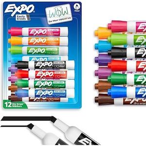 Set di 12 Pennarelli Cancellabili a Secco con Punta a Scalpello, Colori Assortiti, Inchiostro a Basso Odore, Forniture Essenziali per Organizzazione Calendario e Lavagna - Product Image 1