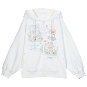 Sudadera con Capucha Blanca para Mujer, Estampado de Personajes, Manga Larga, Tejida, Estilo Dulce, Ropa de Primavera - Product Image 1