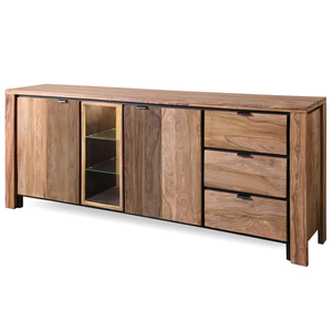 Modern Luxury Midcentury Solid Mango Wood <b>Sideboard</b> Glass Doors Drawers 3 ft Capacity Living Room <b>Kitchen</b> Bathroom Furniture - Product Image 1