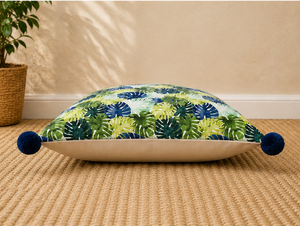 Luxury 100% Linen Tropical Leaf Printed Cushion <b>Cover</b> Decorative Square <b>Throw</b> Pillow <b>Cover</b> with Pom Pom Corners - Product Image 4