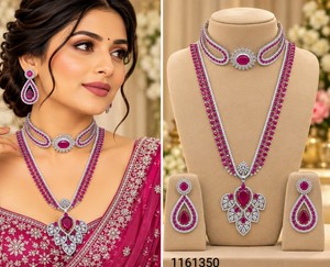 Ensemble de colliers élégants en pierre AD double couche, comprenant un collier ras-du-cou et un long collier en diamant américain brillant, avec boucles d'oreilles pendantes assorties, vente en gros - Product Image 3