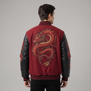 Blouson bomber pour homme avec broderie de dragon rouge, manches en cuir noir, veste de mode streetwear personnalisée - Product Image 1