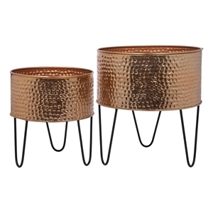 Maceta Moderna de Metal con Acabado en Cobre Martillado, Juego de 2 Macetas Redondas con Soporte de Alambre, Hechas a Mano en India, Ecológicas para Jardín - Product Image 1