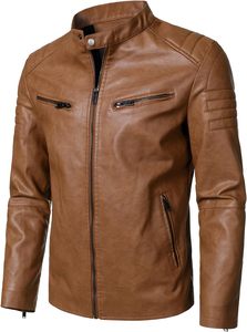 Men's Tan Camel Honey Brown PU Faux <b>Leather</b> Cafe Racer <b>Jacket</b> Band Stand Collar Snap Button Ribbed Padded Sleeve - Product Image 2