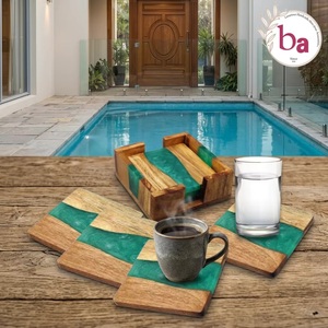 Beads Art Ba Round Wood Resin Coasters Set of 4 Green Classic Handmade - Product Image 3