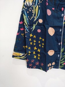 Pijamas de algodón de 2 piezas para mujer, con estampado floral azul marino, manga larga, cuello vuelto, ropa de dormir informal - Product Image 5