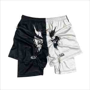 Men's <b>Black</b> White Split Design 3D Printed Sweat-Wicking Mid Waist Satin Shorts with Elastic Waist <b>String</b> Decoration Street Style - Product Image 1