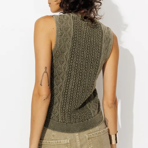 Chaleco sin mangas de punto geométrico verde oliva para mujer, cuello redondo, informal, otoño, 100% acrílico, corte regular, tejido a máquina - Product Image 3