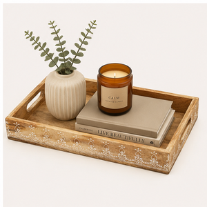 Bandeja de servir hecha a mano de madera de mango tallada con motivos florales, con asas, estilo rústico, para mesa de café, para el hogar y restaurantes. - Product Image 6