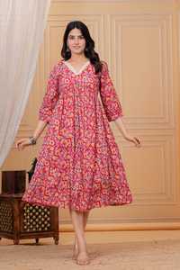 Red Floral Print Cotton <b>Three</b> Quarter Sleeve Casual Fit Flare Midi Dress with Maternity Feeding Gown for Daily Wear - Product Image 3
