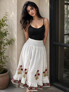 <b>Boho</b> Cotton <b>Skirt</b> Women Hand Block Print Smocked Elastic Waist Ruffle Bottom Floral Bottom Lining Comfort Beach Wear Dress - Product Image 2
