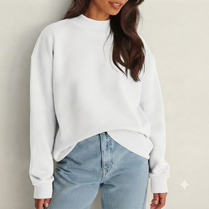 เสื้อสเวตเชิ้ตคอเต่าทรงโอเวอร์ไซส์สำหรับผู้หญิง สีขาวล้วน ผ้าฝ้ายถัก แขนยาว ดีไซน์ไม่สมมาตร สวมใส่สบายๆ ในฤดูใบไม้ร่วง - Product Image 1