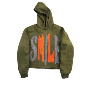 Sweat-shirt à capuche court vert olive avec imprimé sourire pailleté, unisexe, décontracté, en molleton, style automne - Product Image 1