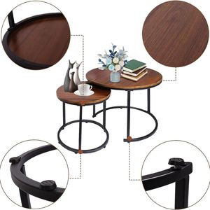 Ensemble de 2 tables basses rondes gigognes en bois d'acacia massif avec base en métal noir - Product Image 1