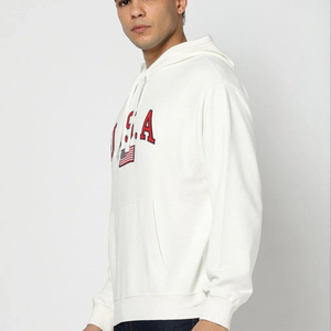 Sweat à capuche unisexe blanc court 100% coton avec poche avant, vêtement d'hiver - Product Image 5