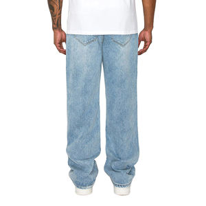 Jean baggy délavé bleu clair pour homme, coupe ample, taille mi-haute, style streetwear décontracté, motif uni, idéal pour l'été - Product Image 4