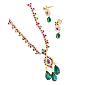 Fine Jewelry Set with Green CZ Pearls and Gold Plated Water Drop Earrings - Product Image 3
