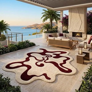 Alfombra de Área con Forma Orgánica, Roja y Marfil, Abstracta, Moderna, Hecha a Mano, de Lana, para Sala de Estar, Dormitorio, Decorativa - Product Image 3