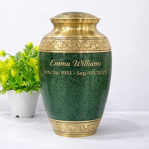 Decorative Brass Adult Urn Handmade Burial Cremation Urn Green <b>Memorial</b> <b>Keepsake</b> Vessel - Product Image 2