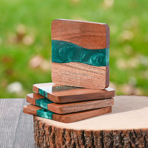 Handmade Modern Acacia <b>Drink</b> Mats Set of 4 Resin and Wood <b>Coasters</b> with Optional Non-Slip Feet for Tabletop Protection - Product Image 6
