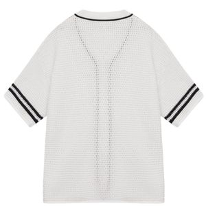 Men Crochet Knitted Baseball <b>Shirt</b> Short Sleeve Button Down Stripe Trim Casual Summer Knit Top OEM Wholesale Supply - Product Image 2