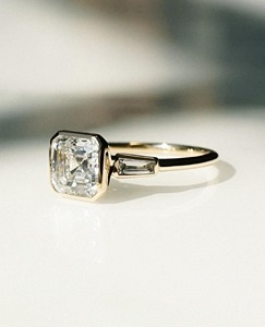 14K Yellow <b>Gold</b> Asscher Cut Moissanite <b>Ring</b> 2.40CT Bezel <b>Set</b> Trilogy <b>Ring</b> with Baguette Side Stones Engagement Gift for Women - Product Image 2