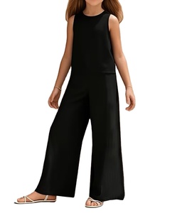 Ensemble 2 pièces d'été pour filles : débardeur en maille polyester-coton et pantalon large, couleur unie, respirant et frais - Product Image 2