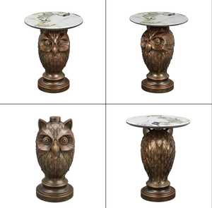 Owl Sculpture Side <b>Table</b> With Faux <b>Marble</b> Top Base Decorative Living Room Furniture Eclectic Style Antique Finish - Product Image 2