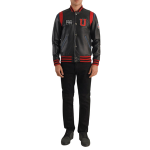 <b>Men's</b> <b>Black</b> PU Leather Varsity Jacket Stand Collar Color Block Embroidered <b>Badge</b> Snap Button Windproof - Product Image 1