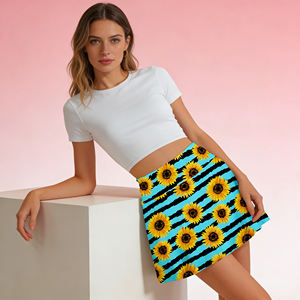 Oferta especial en Temu |   Minifalda con estampado de girasoles para mujer, falda skater de cintura alta con rayas azules y negras, estilo casual para verano y ropa de calle - Product Image 4